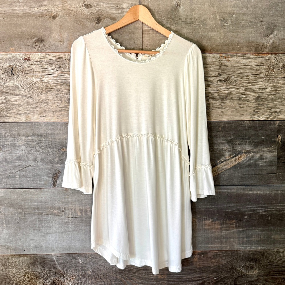 POL NWT Crochet Lace Babydoll Tunic Top M Cream Bell Sleeve Cottage Boho Doll